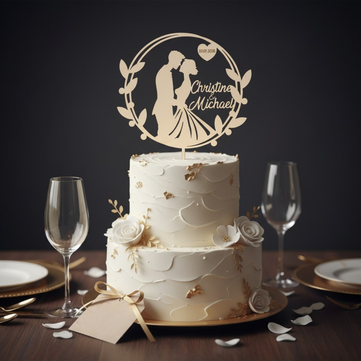 Personalisierter Caketopper aus Holz – Hochzeit mit Namen & Datum | Tortendeko